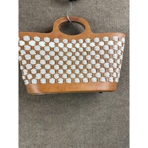 Malo Top Handle Bag Womens Small Tan Woven Leather Cotton Luggage Tag Studs